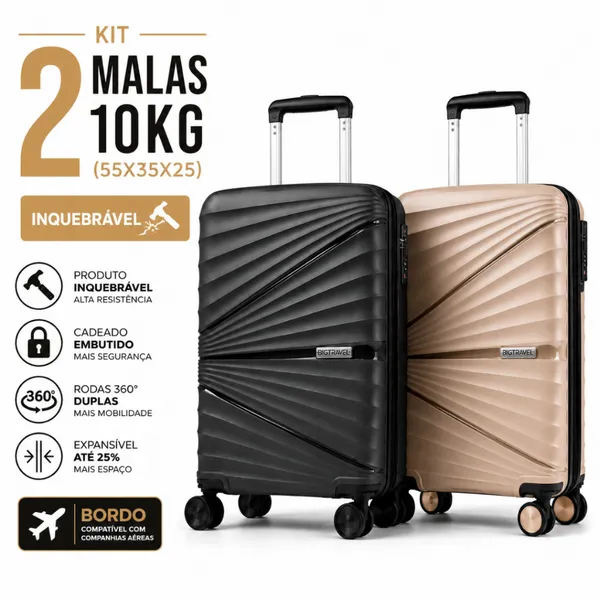 KIT MALA CASAL 10KG COM EXTENSOR VIAGEM GIRATÓRIA ANTI-FURTO ABS FÉRIAS