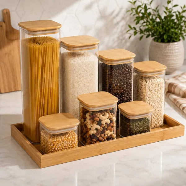 Kit Potes Quadrado  Grande de Vidro com Tampa Bambu Grande  Mantimentos
