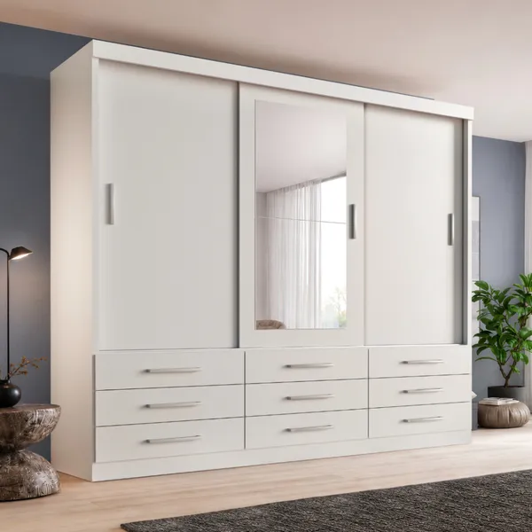 GUARDA ROUPA CASAL CAPRI 3 PORTAS CORRER 9 GAVETAS COM ESPELHO