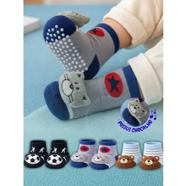 Kit 12 Pares de Meia Bebê Menino Chocalho Inverno Pelucia no Pé Algodão Premium