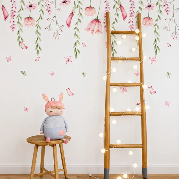 Adesivo de Parede Infantil Raminhos Adesivo Jardim Encantado com Borboletas Decoração Quarto Menina