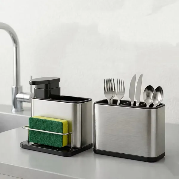 Porta Talheres+Suporte/Kit Unitario em Aco Inoxidavel Economia de Espaço e Higiene para Cozinha em Aço Inoxidável