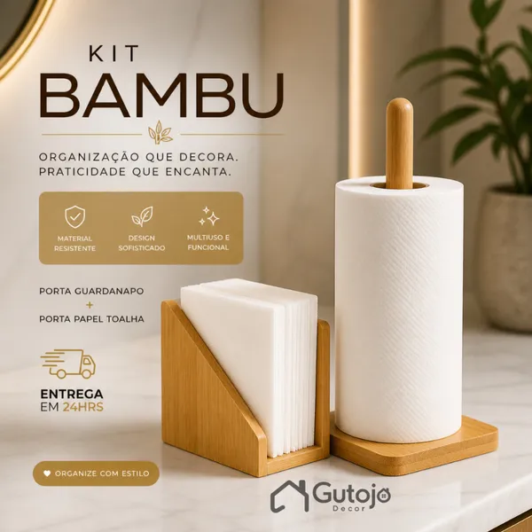 Bambu Porta Guardanapo + Suporte de Papel Toalha Grande para Mesa Bancada Cozinha Porta Rolo