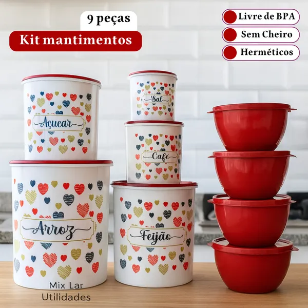 Kit de potes mantimentos 5 peças + 4 potes Boll redondos para cozinha