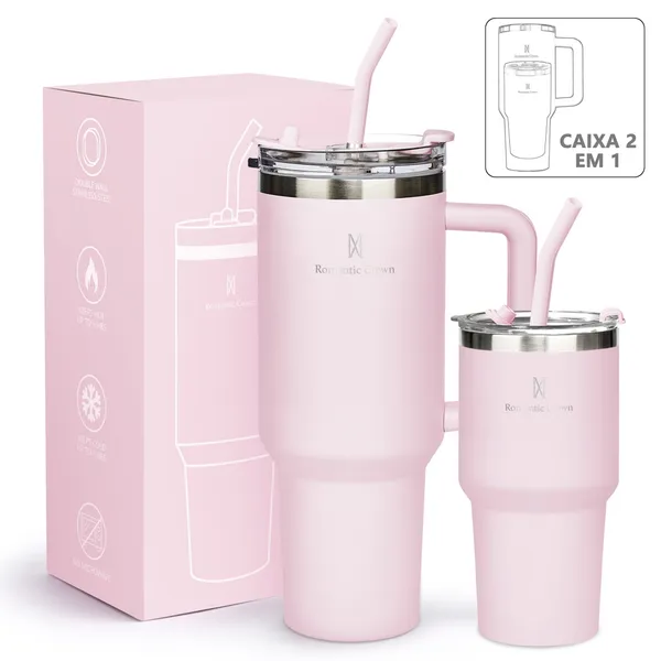 ROMANTIC CROWN Kit 2 Copo Térmico Inox Portátil 1200ml/600ml Garrafa Térmica Inoxidável com Tampa e Canudo