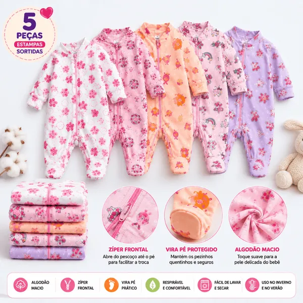 5 Macacões Bebê Estampado Vira Pé com Zíper Menina 100% Algodão