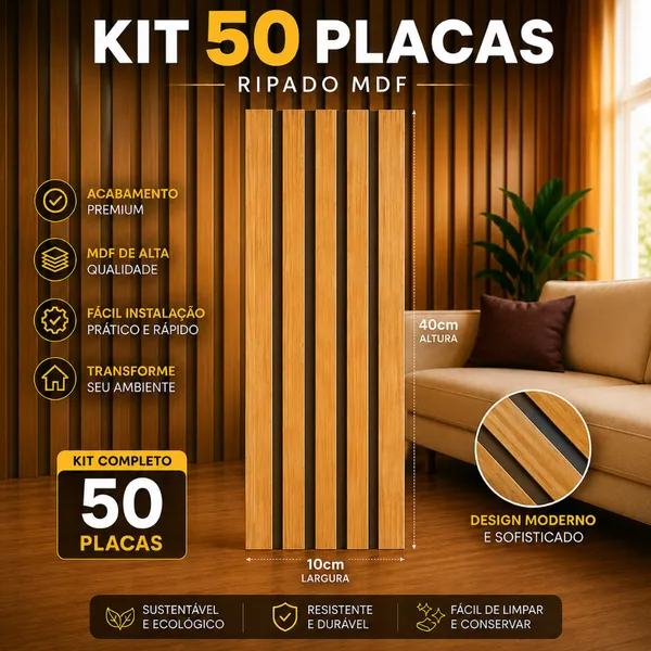 KIT ATE 50 PLACAS RIPADAS EM MDF REVESTIMENTO DE PAREDE 3D AUTO COLANTE