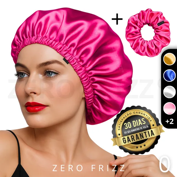 KIT ZERO FRIZZ® TOUCA DE CETIM PREMIUM ANTI FRIZZ COM REGULADOR E DUPLA CAMADA + SCRUNCHIE DE CETIM