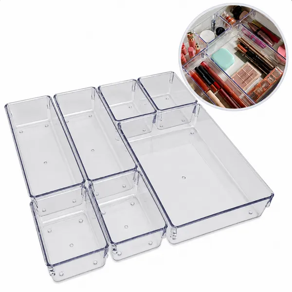 Kit 7 Organizadores Multiuso para Gavetas Armários Geladeiras Pote Acrílico Cristal e Fumê Plastutti