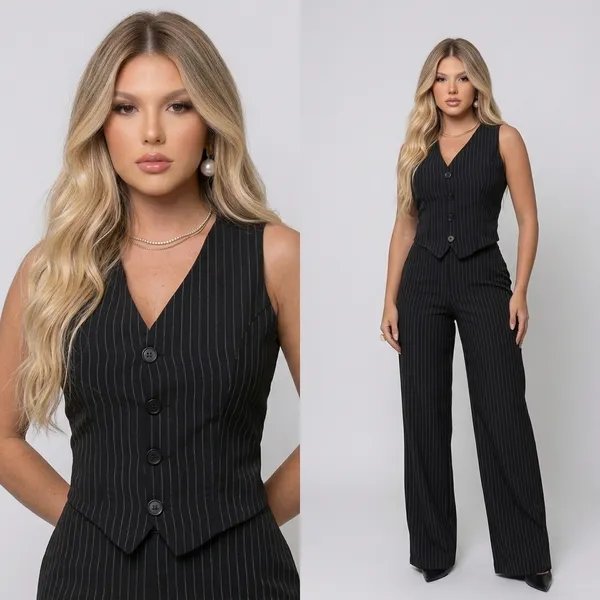 CONJUNTO ALFAIATARIA FEMINIMO COM CALÇA E COLETE RISCA DE GIZ ELEGANTE SOCIAL