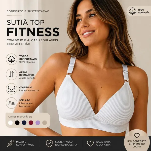 Sutiã Top Fitness com Bojo Alças Reguláveis 100% Algodão