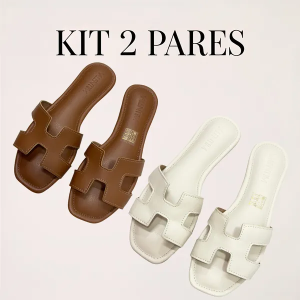 KIT 2 Pares Sandália Feminina Rasteira Confortável Estilo Casual Elegante Couro Sintético Verão