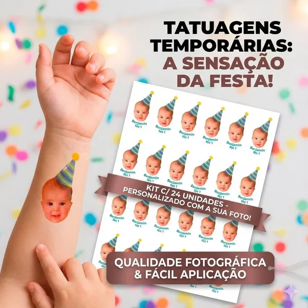 Tatuagem Temporaria Personalizada Aniversario 20x28cm 24 unidades