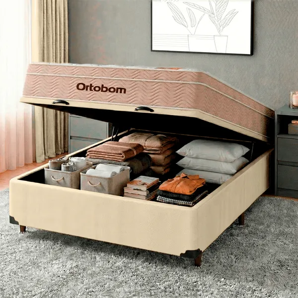 Conjunto Cama Box Bau Casal + Colchão Airtech Molas Ensacadas Ortobom