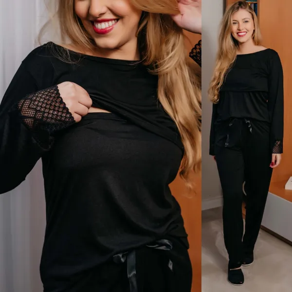 Pijama Amamentação Longo  Calça e Blusa Soft Fluffy Com Renda