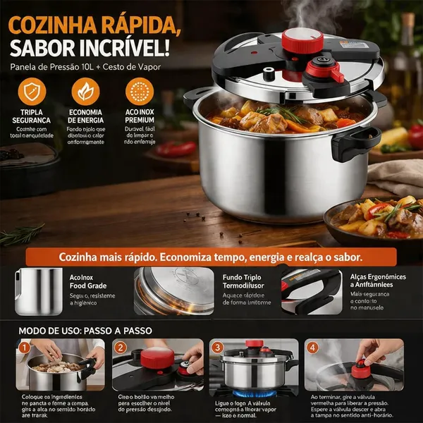 Panela de Pressão Inox 6L 10L - Sistema Antiexplosão - 3 Níveis - Cozimento Rápido e Fácil