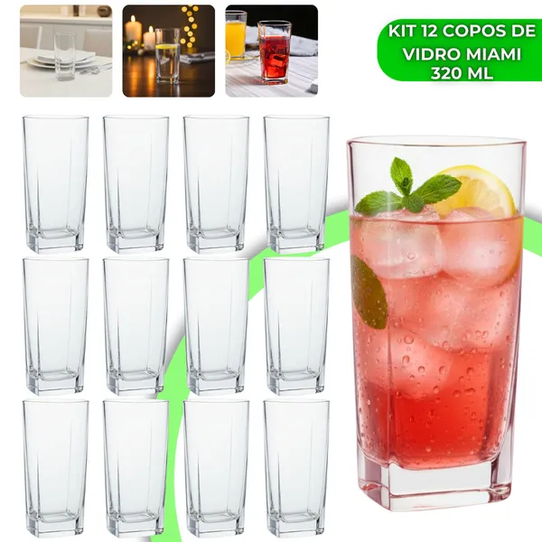Jogo 12 Copos Miami 320ml Vidro Grosso Moderno Luxo  Elegante Quadrado Alto Texas Bali Água Drink