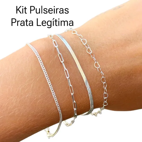 Kit de Pulseira Prata 925 Feminina Fio Liso Metalizado Bolinhas
