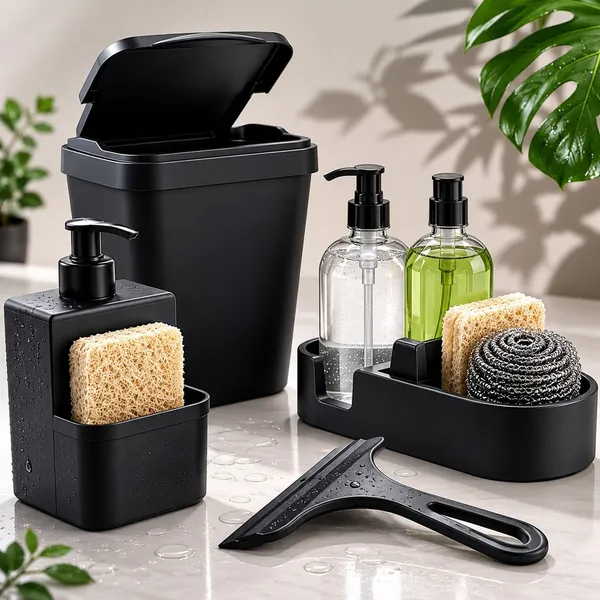 Kit Pia Cozinha Organizador Completo com Lixeira 5L, Porta-Detergente, Porta-Esponja e Rodinho