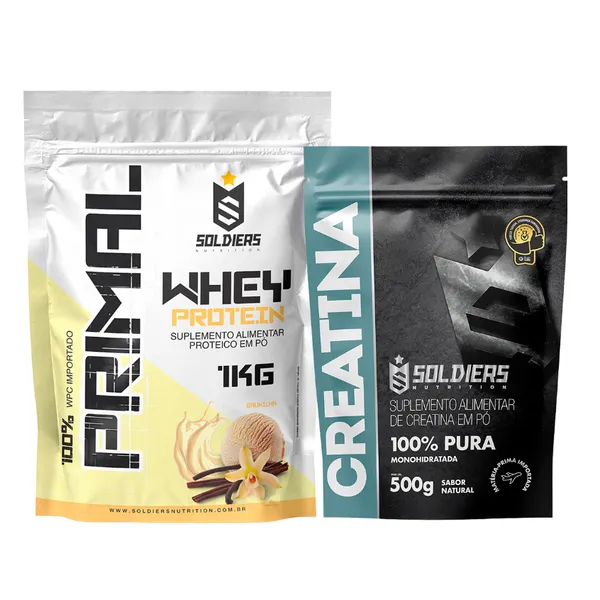 Kit Whey Protein Primal 1kg + Creatina 500g 100% Pura - Soldiers Nutrition
