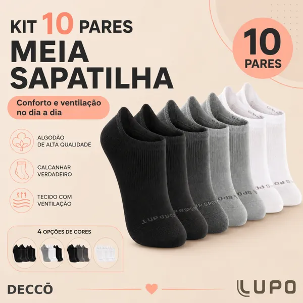 Kit 10 Pares de Meias Lupo Sport Cano Invisível – Algodão, Soquete e Unissex