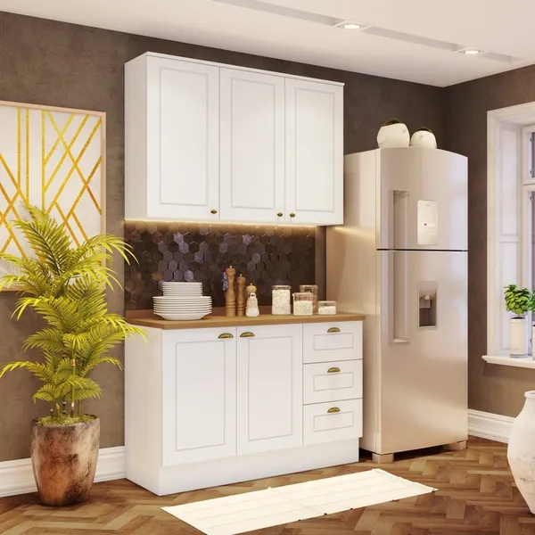 Cozinha Compacta Modulada 2 Peças 5 Portas 3 Gavetas Emily Branco/HP/Nature Branco HP/Nature