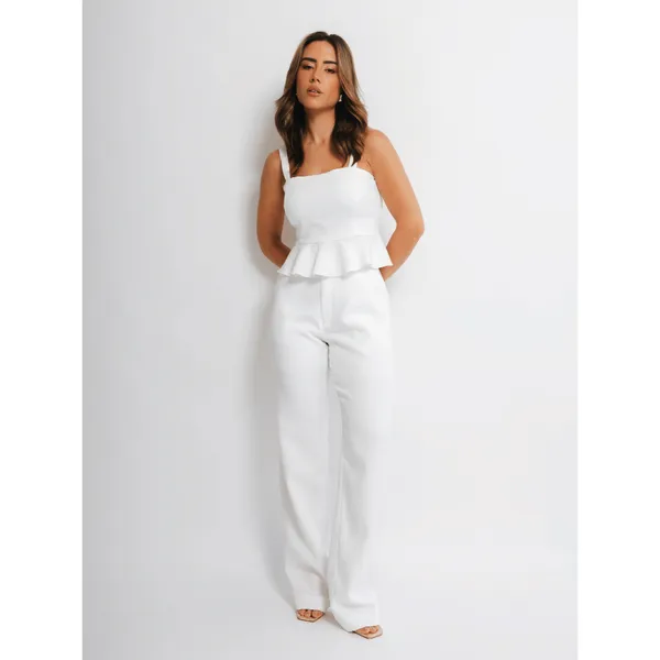 Conjunto Calça Wide Leg Pantalona Alfaiataria e Blusa Cropped Babado Elegante Casual Chic Festa