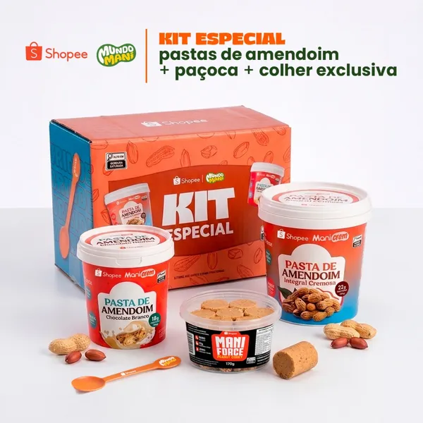 Kit 02 Pasta de Amendoim Integral e Chocolate Branco + Paçoca Collab Mundo Mani e Shopee
