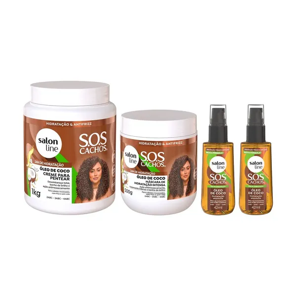 Kit SOS Cachos Coco com 2 Óleos, Creme para Pentear e Máscara de Hidratação