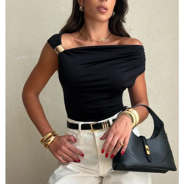 Blusa Feminina Elegante Suplex Premium Fivela Dourada Casual Trabalho Social Ombro a Ombro Verão