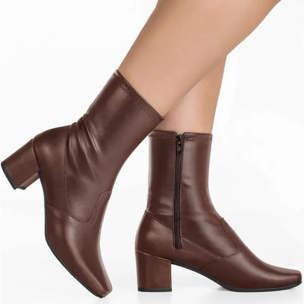 Bota Feminina Gigil Bico Quadrado Salto Médio com Zíper e Stretch