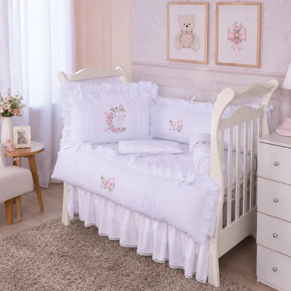 Kit Berço Personalizado Menina Cecília Branco/Floral - 08 Peças