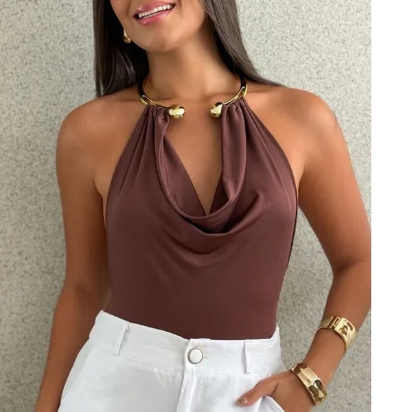 Blusa Feminina Argola Colar Decote V Vazado Costas Nua Suplex Premium Estilosa Elegante