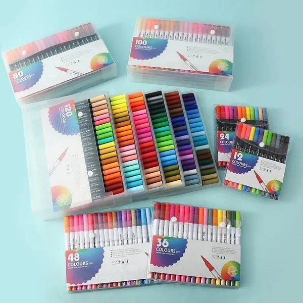 Kit 24/36/48/60/80 Cores Caneta Brush Lettering Ponta  Fina Dual Pen Colorir e Desenho
