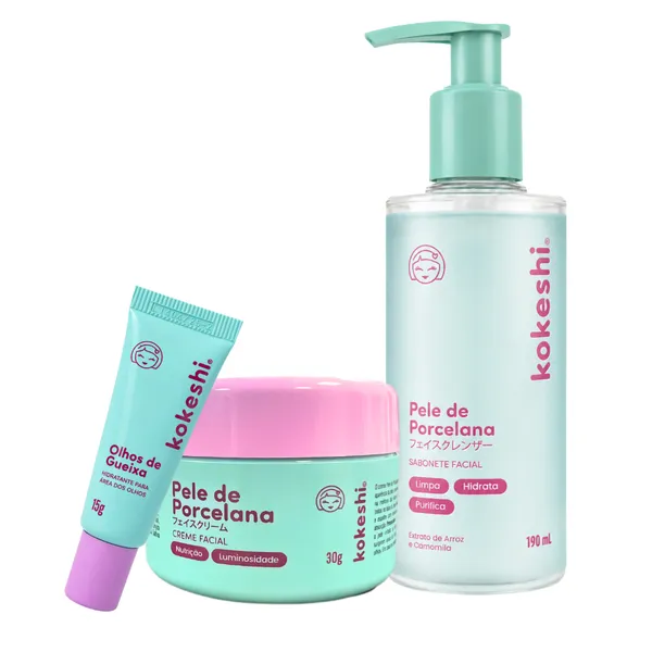 Kit Limpeza e Hidratação Facial Pele de Porcelana Kokeshi Sabonete Olhos de Gueixa