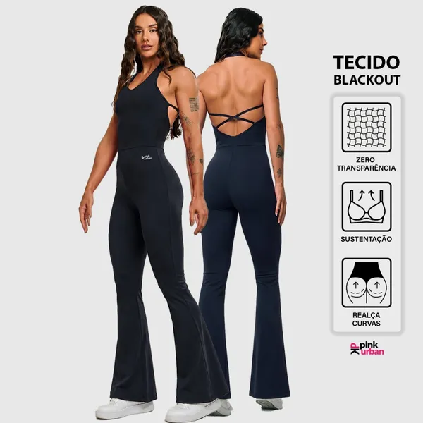 Macacão ​Fitness Feminino Flare Costa Nua Trançado Decote U Frente Única Blackout Zero Transparência