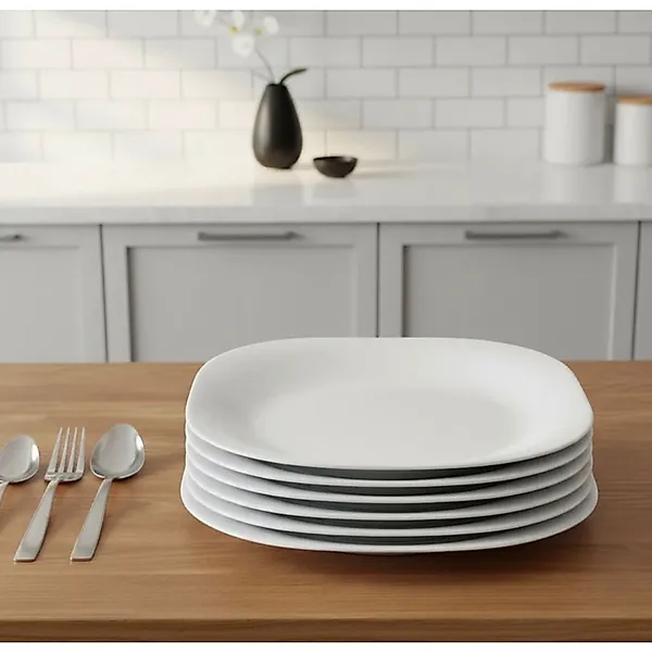 Jogo 6 Pratos Rasos Branco Quadrado Opaline Vidro Resistente Mesa Posta Luxo 28cm 123Útil