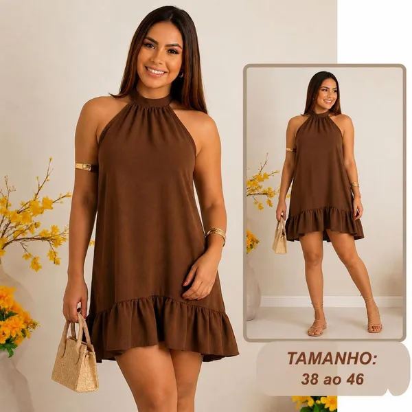 Vestido Curto Feminino Crepe Duna Soltinho Gola Alta Casual e Confortável