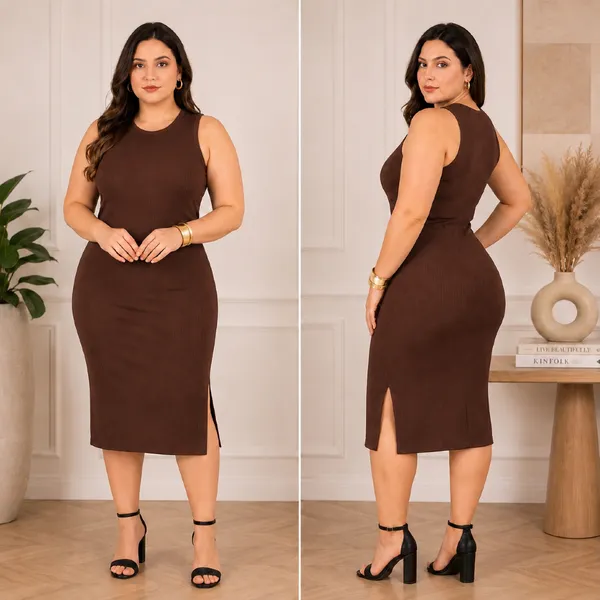 Vestido Feminino Regata Canelado Midi com Fenda  Lateral