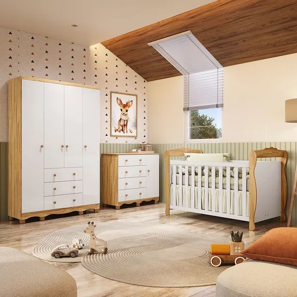 Quarto de Bebê Completo Berço 3 em 1, Cômoda e Guarda Roupa MDF Nina Espresso Móveis Branco/Amêndoa Branco