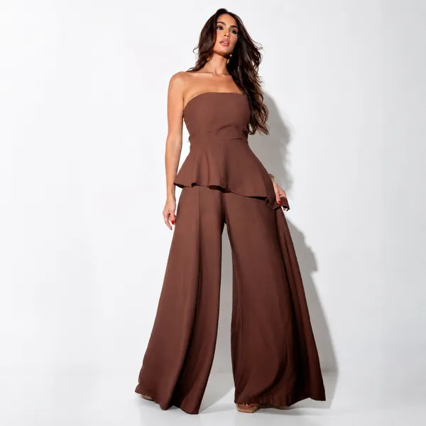 Conjunto Feminino Top Peplum Assimétrico e Calça Pantalona Elegante Marrant