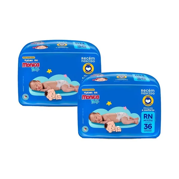 Kit 2 Fraldas Turma da Mônica Baby Jumbo RN  com 36un cada