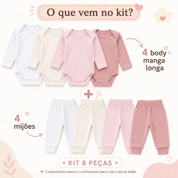 Kit 8 Peças Conjuntos Canelado Body Manga Longa e calça (mijão) Bebê Infantil Menino Menina 100% Algodão Unissex Enxoval