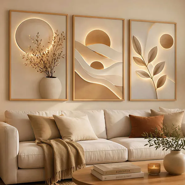 Kit 3 Quadros Arte Floral 3D Dourado Premium Decoração Sala De Estar Moderna Elegante Luxo
