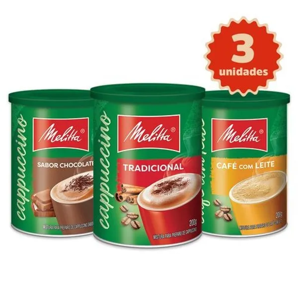 KIT 3 CAPPUCCINOS MELITTA® 200G CADA TRADICIONAL + CHOCOLATE + CAFÉ COM LEITE