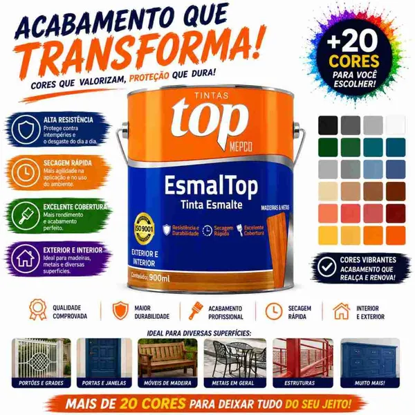 Tinta Esmalte Sintético Brilhante 900mL – Base Solvente, Alta Cobertura e Proteção - Metal e Madeira