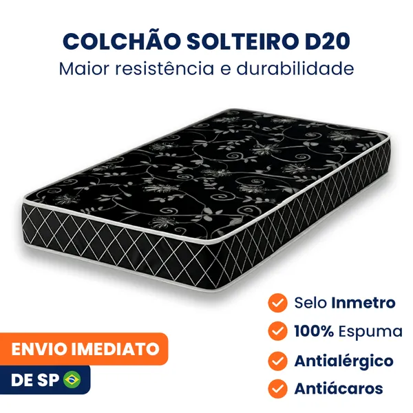Colchão de Solteiro D20 78x188x12 Selo Inmetro Alta Densidade 100% Espuma Antiácaro e Antialérgico