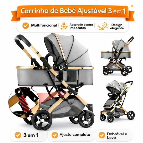 Carrinho de Bebê 3 em 1 Reversível Dobrável com Amortecedor Base Veicular Luxo Europeu