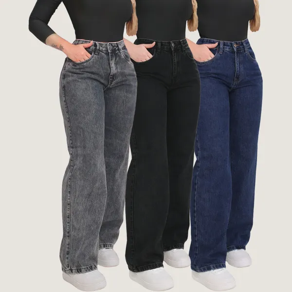 Kit 3 Calças Jeans Femininas Wide Leg  do 34 ao 54 (plus size) Pantalona Cintura Alta Casual Moderna Urbana Confortável