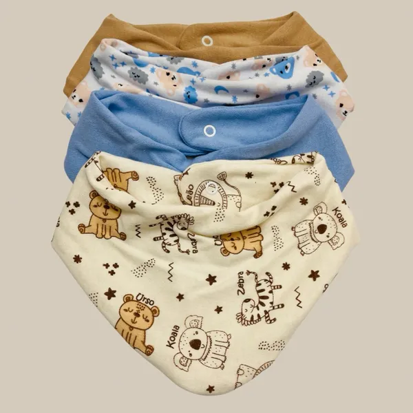 Kit Babador Bandana 5 Peças Estampado e Misto Bebê Tecido Duplo Algodão Enxoval